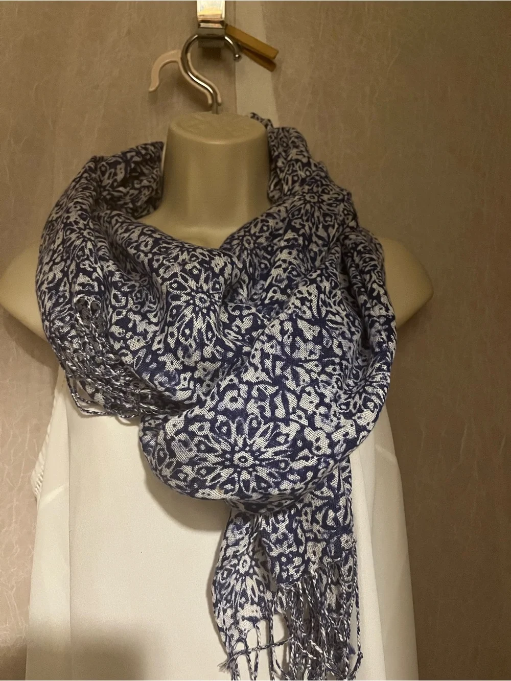 Lands' End Navy and White Floral-Print Scarf with Fringe